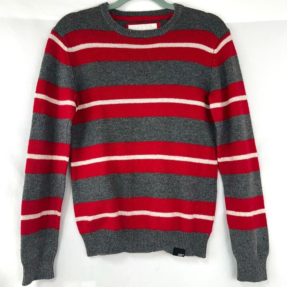AEROPOSTALE 2000s Red Gray White Striped Wool Long Sleeve Sweater Mens S Indie‎